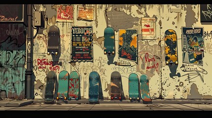 old ghetto wall with peeling posters, and graffiti, and 6 skateboards in the corner in a comic book art style - obrazy, fototapety, plakaty