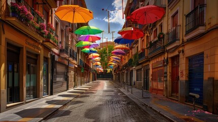 Fototapeta na wymiar street scene, whimsically adorned with a canopy of colorful umbrellas, creating a vibrant and playful atmosphere