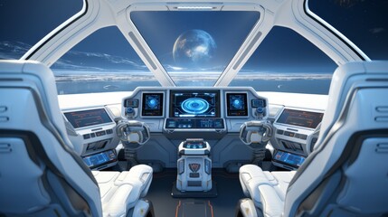 Futuristic spacecraft interior with advanced control panels for innovative space travel tech