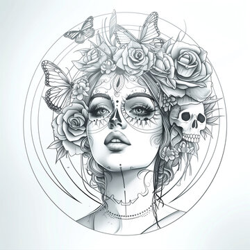 Beautiful girl with tattoo, roses and skull. Illustration for design card on day of dead