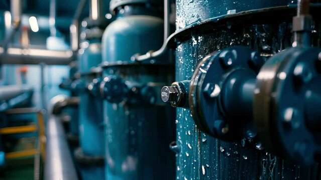 A closeup of a ballast water treatment system on a ship utilizing advanced filtration and dis technology to prevent the spread of invasive species.
