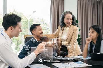 Businessman working virtual modern computer to reduce CO2 emissions carbon footprint climate change to limit global warming.Sustainable development and innovation green business concept.