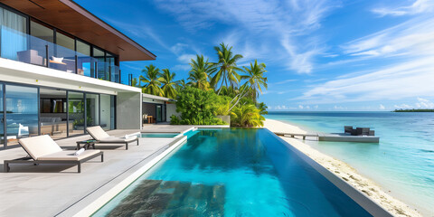 Fototapeta premium Modern Villa With Large Swimming Pool Next to Ocean