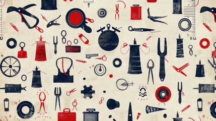pattern featuring a variety of sewing and tailoring symbols, elegantly presented on a canvas-textured background - obrazy, fototapety, plakaty