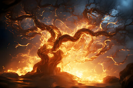 Background Abstract Texture. Orange Beam Of Lightning Strikes A Dry Tree. Big Thunderbolt. Dangerous Natural Phenomena. Realistic Imaginary Image Clipart Template Pattern.