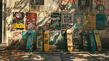 Fototapeta premium old ghetto wall with peeling posters, and graffiti, and 6 skateboards in the corner in a comic book art style