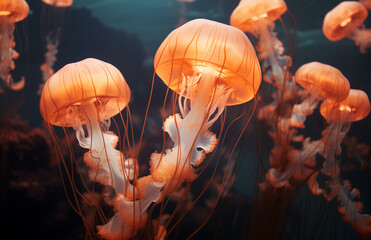 Orange jallyfishes flow through the wather. Natural animal concept.