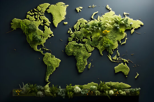 Earth is on black background. World map trees green planet Earth Day or environment day Concept and ecology and environment sustainable concept. Realistic clipart template pattern.