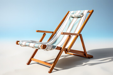 Striped blue deck chair or beach chair, sun bed on white background. Used for sitting or lying down to relax at various tourist attractions. Realistic clipart template pattern.