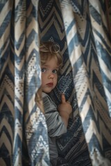 Toddler Peeking Through Patterned Curtains