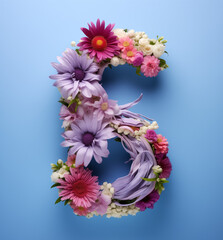 Number eight made of different flowers on pastel blue background. Mother's or woman's day concept.