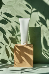 White empty tube on a wooden platform, pastel green wall with shadows in the background, natural cosmetics product photography.