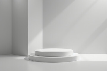 Minimal clean white product photography background with round podium, geometrical lines, light and shadows. Beauty products template space.