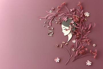woman face with flower in paper cut style. illustration for womans international day