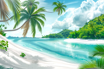 Illustration of tropical beach with white sand, ocean, palm