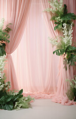 Fototapeta na wymiar Decoration of green leaves and pink curtains. Wedding concept. 