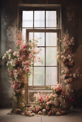 Decoration on window with pink and white roses flowers. Wedding concept.