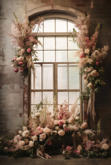 Fototapeta na wymiar Decoration on window with pink and white roses flowers. Wedding concept.