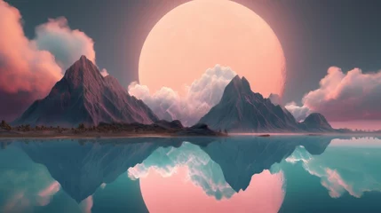 Foto op Plexiglas A surreal minimalistic landscape with mountains and a lake with reflection. Pink clouds in the sky above the mountains © CaptainMCity