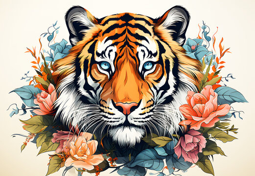 watercolor painting of Tiger head yellow, black among leaves and flowers on white background. Realistic clipart template pattern. For fabric texture design. artwork by painting. Abstract background.
