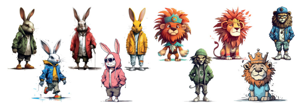 Anthropomorphic Rabbits and Lions in Various Attire: Green Jacket, Red Stripes, Yellow Jacket, Blue Jacket, Pink Tribal Lion, Majestic Lion