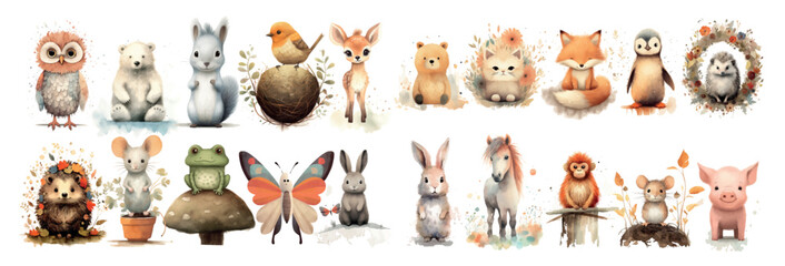 Charming Collection of Cartoon Animals in Nature: Owl, Bear, Squirrel, Bird, Deer, Cat, Fox, Hedgehog, Mouse, Frog, Butterfly, Rabbit, Horse, Orangutan - obrazy, fototapety, plakaty