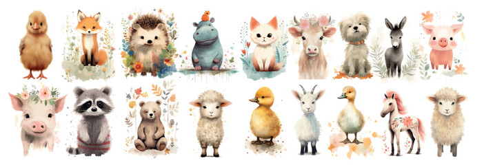 Fototapeta premium harming Watercolor Collection of Baby Animals: Duckling, Fox, Hedgehog, Hippopotamus, Cat, Goats, Dog, Donkey, Piglets, Raccoon, Bear Cub, Lamb, Duck