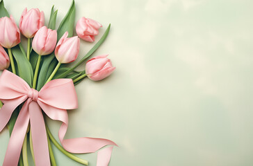 Bouquet of pink tulips with pink ribbon on pastel green background. Spring concept.