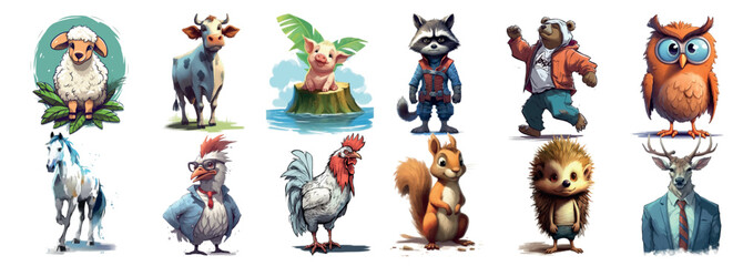 Whimsical Collection of Artistic Animal Characters: From Domestic Farm to Wild Forest, Each Showcasing Unique
