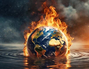 Foto auf Acrylglas Eine brennende Erdkugel versinkt im Wasser, apokalyptische Stimmung, Symbolbild Klimawandel. © FaRifo