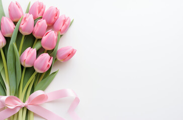 Fototapeta premium Pink and white tulips on a white background. Spring time concept.