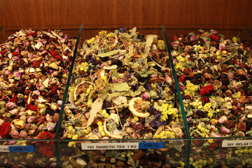 Assorted tea and spices specialties in Istanbul Turkey, Grand Bazaar