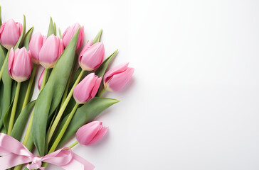 Pink and white tulips on a white background. Spring time concept.
