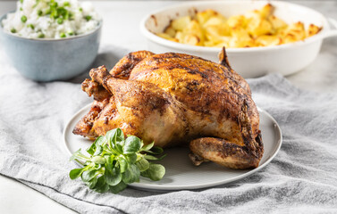 A whole roasted chicken on the table together with jasmine rice and baked potatoes.