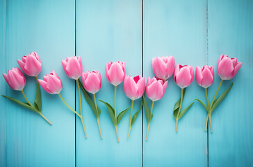 Pink tulips on blue wooden background. Natural, spring concept.
