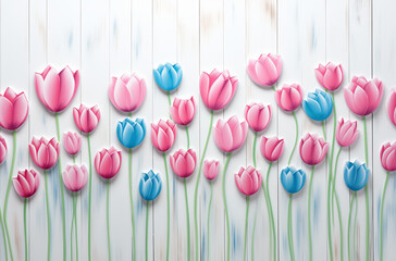 Pink and blue tulips on white wooden background. Spring concept.