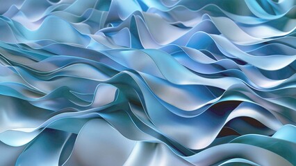 Abstract wavy blue background with smooth silk or satin texture, folds, 3D rendering, 3D illustration.
