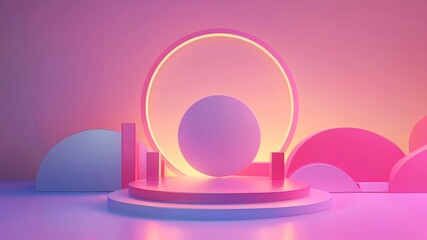 Abstract minimalist scene with geometric shapes in pastel colors. 3d rendering, abstract background, neon light, round podium and round stage.