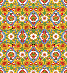 Floral seamless repeat pattern block screen gold paste print textile design indian