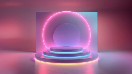 Abstract minimalist scene with geometric shapes in pastel colors. 3d rendering, abstract background, neon light, round podium and round stage.