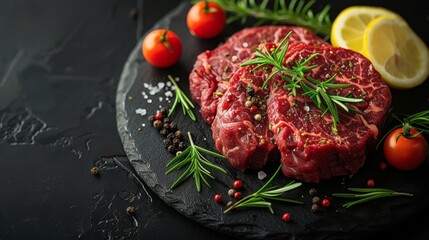 Raw steak on slate with rosemary, pepper, tomato, gourmet presentation
