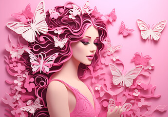 Portrait of woman with pink butterflies on light background. Woman's day concept.