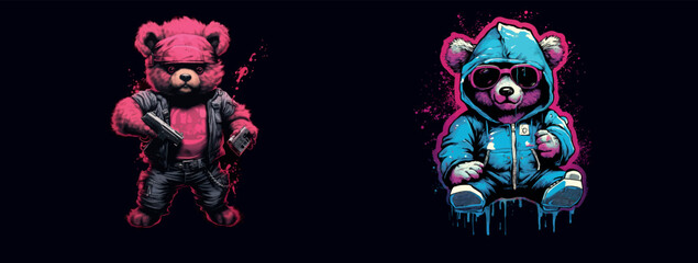 Urban Punk Teddy Bears: A Vector Illustration of Stylized Teddy Bears in Dynamic Poses and Edgy - obrazy, fototapety, plakaty