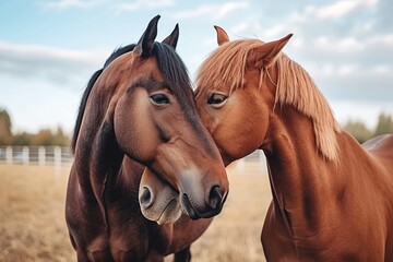 Deux chevaux marrons se faisant un calin » IA générative - obrazy, fototapety, plakaty