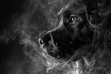Gros plan d'un chien entouré de fumée en noir et blanc » IA générative