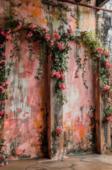 Old pink wall with fading paint surrounded by roses