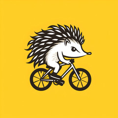 A logo illustration of a hedgehog riding a bicycle on yellow background.