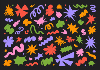 Abstract set colorful retro groovy shapes on a black background. Trendy geometric cosmic starburst forms. Vector illustration in style 90s, 00s