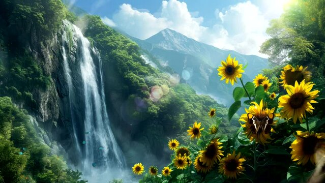 Sunflower Cascade: Waterfall Views on a Sunny Summer Day for a Calm and Cozy Atmosphere. Animated fantasy background, watercolor painting illustration style, seamless looping 4K video