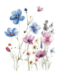 Spring Blossom Watercolor Clipart - Delicate Wildflowers PNG with Transparent Background, a collection of soft watercolor wildflowers, showcasing the delicate, Created using generative AI	